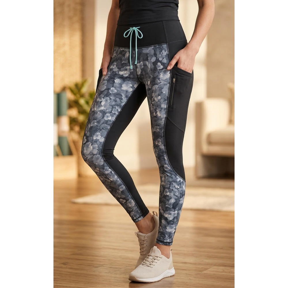 Athleta Floral High Rise Leggings Black Gray Zip Pockets Women M Active Yoga Gym